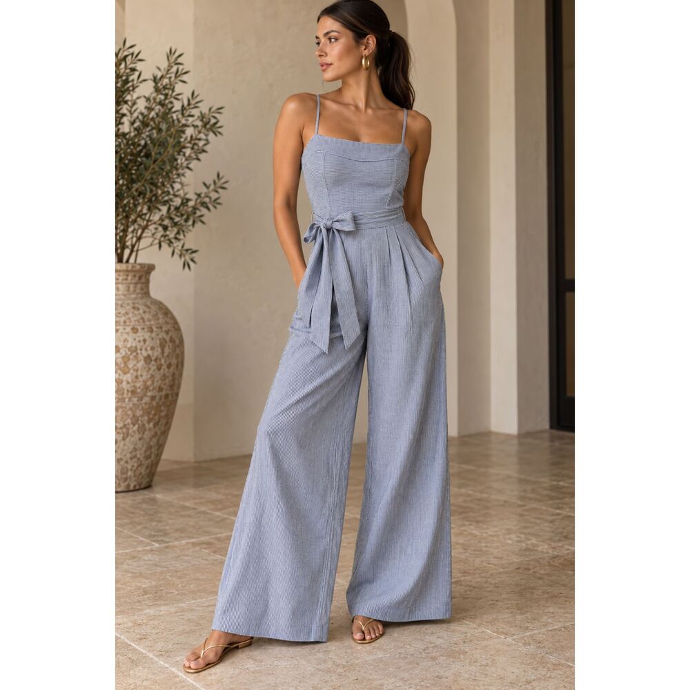 Linen Lux 100% Cotton Blue and White Jumpsuit Women's Size Small.
